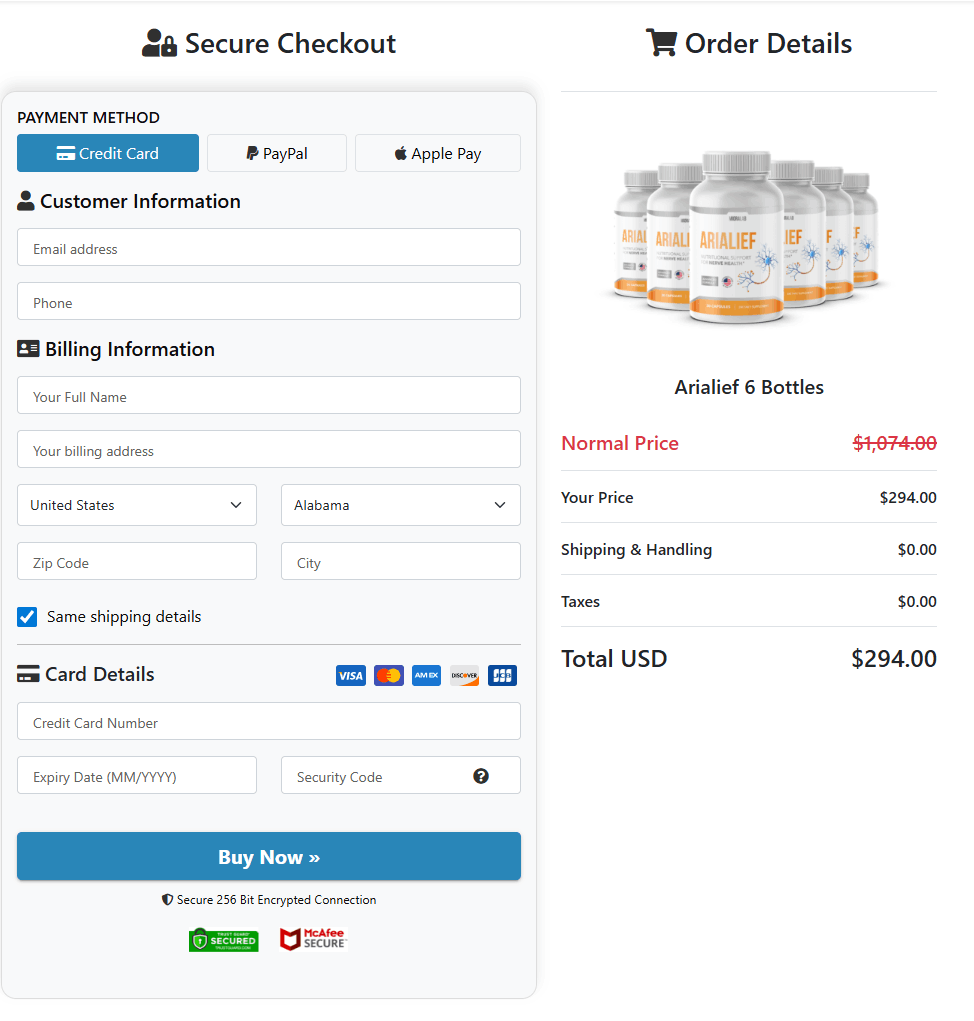Arialief Checkout page